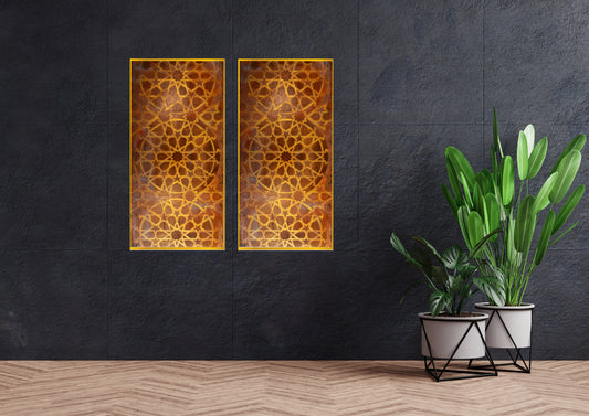 Moroccan Design by Sarwat Bano, a two-panel original painting of a gold and amber Moroccan geometric star pattern, shown on a dark stone wall