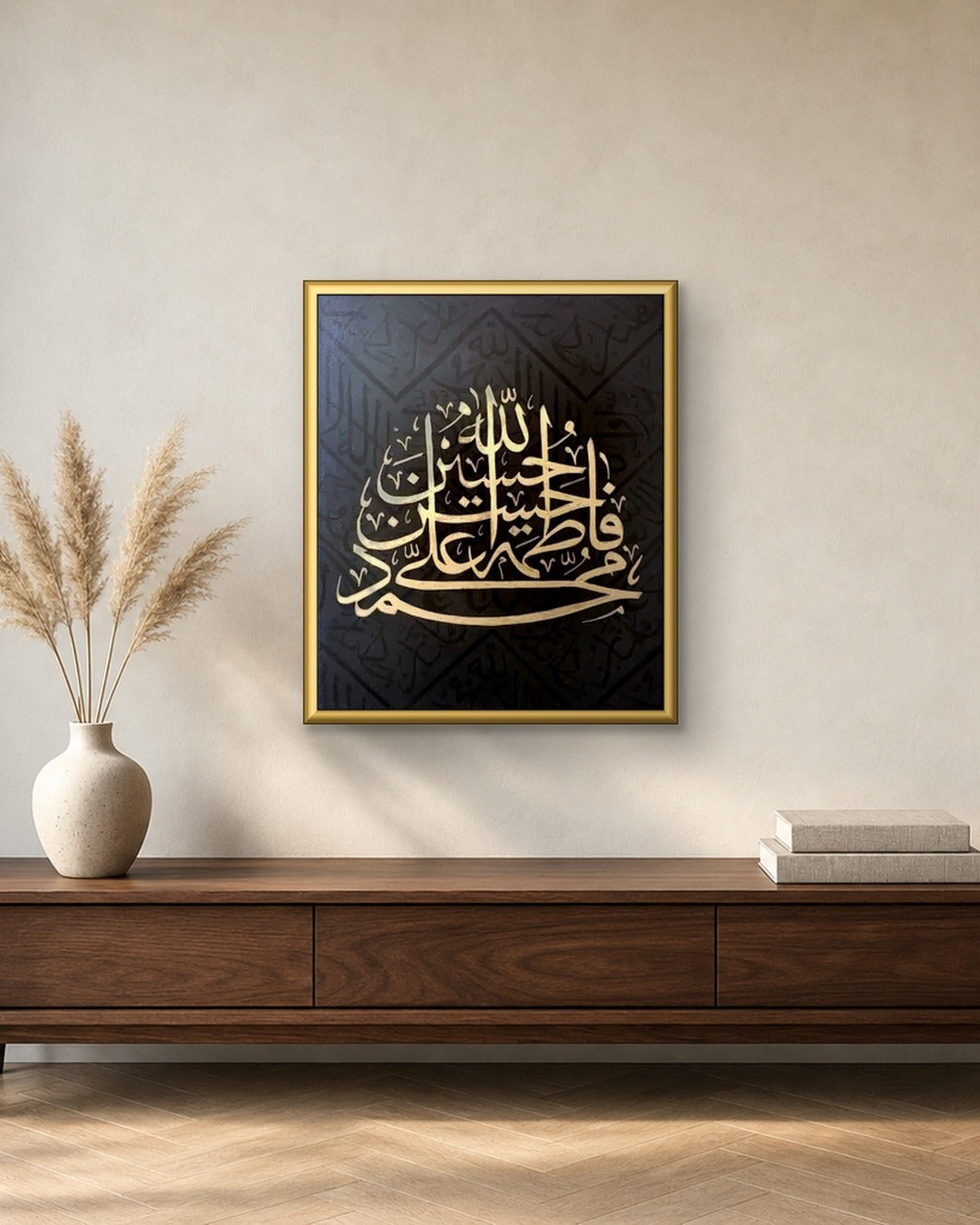 Close view of the Paanjtan Pak painting showing the real gold leaf calligraphy and the raised black relief background inspired by the Kiswa of the Kaaba.